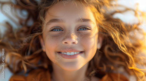 Close-up of a 12 year old girl with curly red hair and a radiant smile, the sunlight emphasizing her features. 