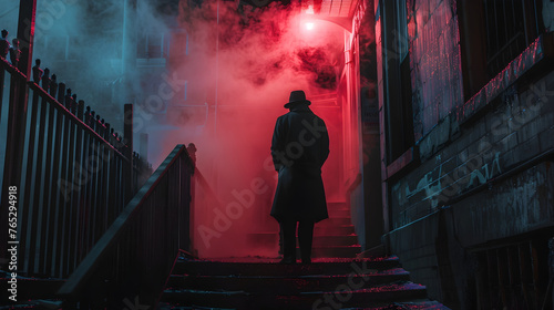 Mystery Man in Long Coat on Dark Stairs Exuding Cinematic Noir Allure photo