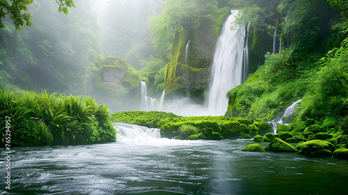 Misty Waterfall in Ancient Forest A Serene Portrayal of Pure Natural Harmony