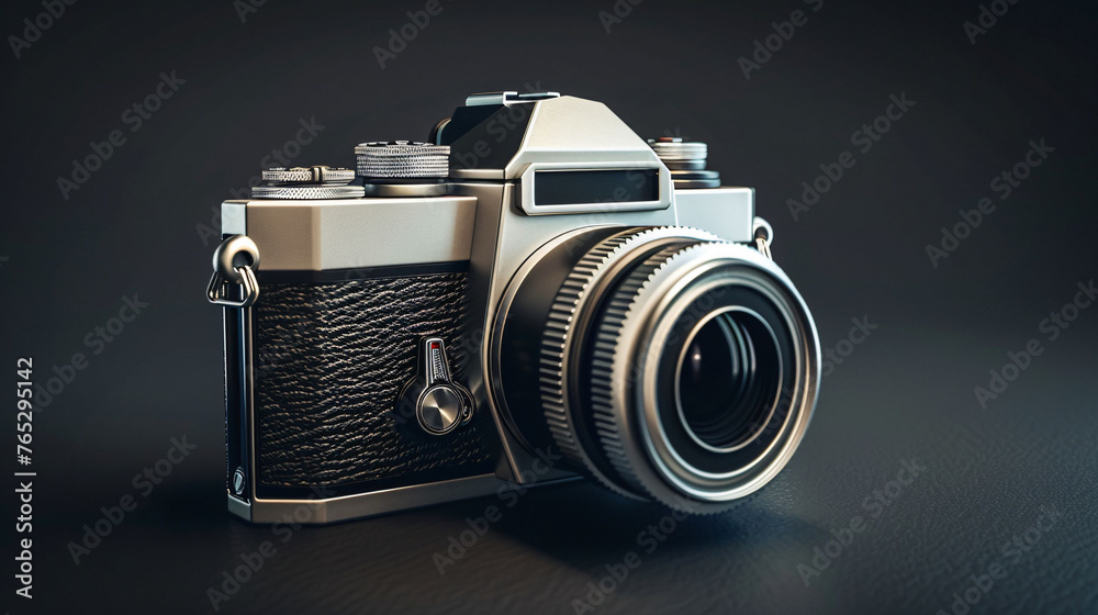 Vintage film camera with a prime lens isolated on a dark grey background, classic photography.
 - obrazy, fototapety, plakaty 