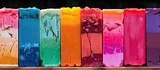 A detailed view of a variety of soap bars lined up, each with unique colors and scents