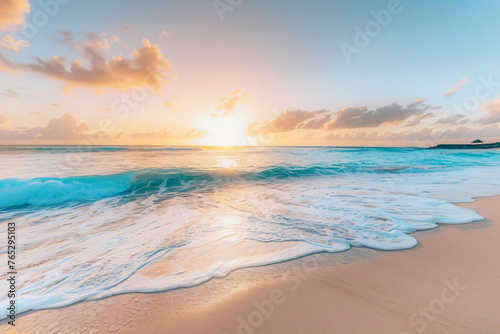 Serene beach with waves at sunrise, concept: tranquility and natural beauty. 