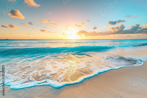 Tranquil beach scene at sunrise with gentle waves and a colorful sky, serenity in nature. 