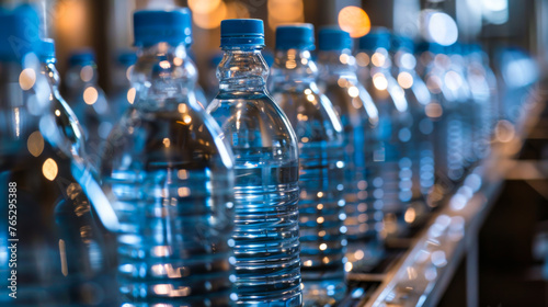 Bottles of water on a conveyor belt. The bottles are blue and clear photo