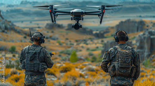 Military personnel controlling a drone in the field, showcasing tactical surveillance technology.
