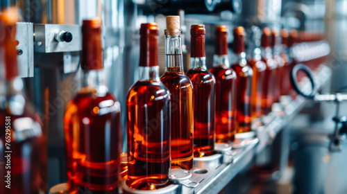 A row of bottles of liquor are being filled on a production line. The bottles are all the same color and are lined up next to each other photo