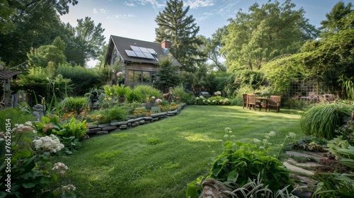 The backyard boasts a beautiful garden benefiting from the solarpowered irrigation system creating a selfsustaining oasis in the heart . AI generation.