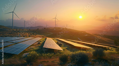 Solar panels and wind turbines in an arid landscape at sunset, symbolizing renewable energy. 