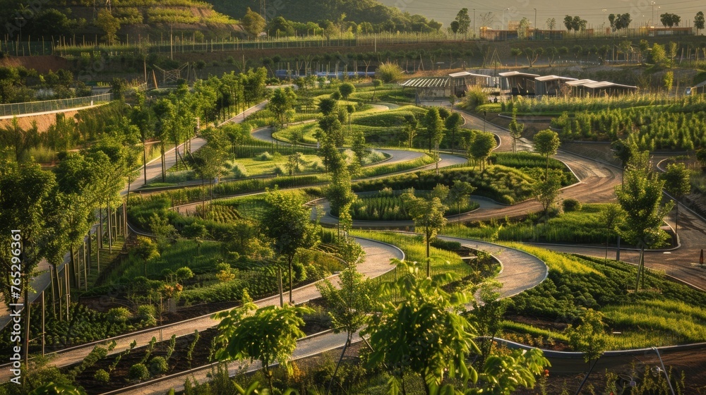 A barren landscape transformed into a thriving garden thanks to an industrial complexs efforts to incorporate green spaces and ecofriendly . AI generation.