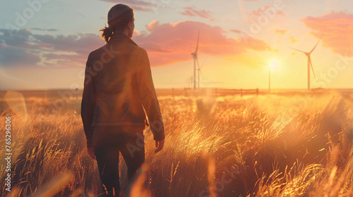 Silhouette of a person facing wind turbines during sunset in a golden wheat field. 