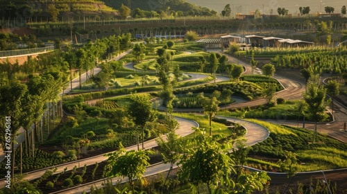 A barren landscape transformed into a thriving garden thanks to an industrial complexs efforts to incorporate green spaces and ecofriendly . AI generation.