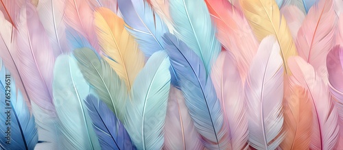 A close-up view of a collection of vibrant feathers arranged on a flat surface