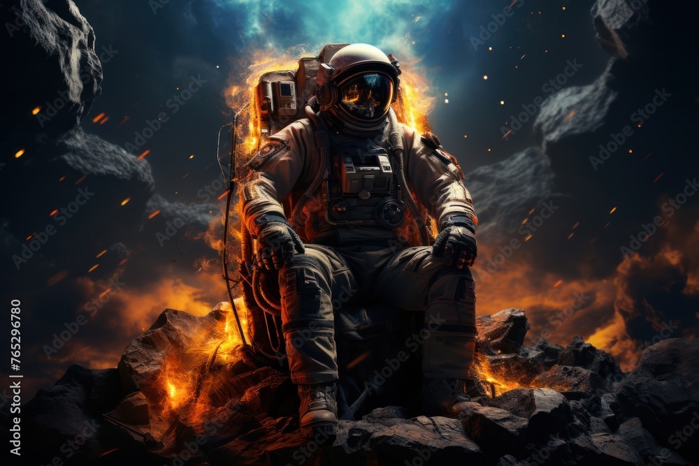 Astronaut in Space Suit Sitting on Rocks Generative AI Astronaut in Space Suit Sitting on Rocks Generative AI