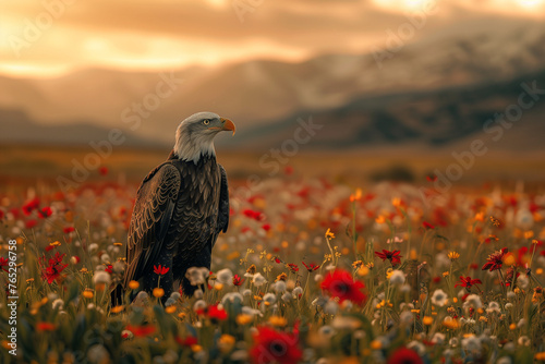 Majestic Bald Eagle in Wildflower Meadow at Sunset