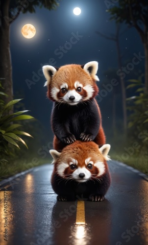 red pandas on the asphalt road in the distance was sitting the light of the moon in the sky