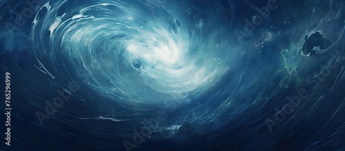A mesmerizing swirl resembling an electric blue circle in the middle of the ocean under an atmospheric sky, surrounded by fluffy cumulus clouds