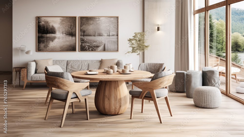 Grey barrel chairs at wooden round dining table. Scandinavian rustic home interior design of modern living room Generative AI Grey barrel chairs at wooden round dining table. Scandinavian rustic home interior design of modern living room Generative AI