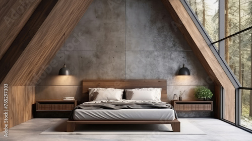 Wooden bed near concrete wall. Interior design of modern bedroom in attic with vaulted ceiling. Generative AI