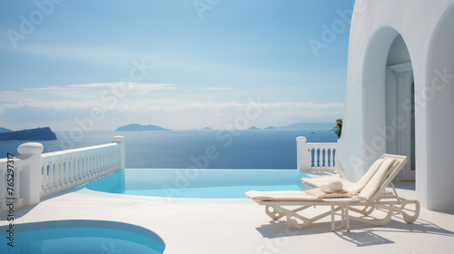 Two deck chairs on terrace with pool with stunning sea view. Traditional mediterranean white architecture with arch. Summer vacation concept. technology. Generative AI