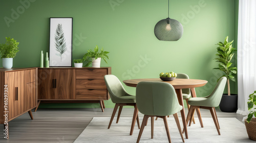 Wooden round dining table and light green barrel chairs against window. Dark wood cabinet near green wall. Scandinavian or mid-century interior design of modern living room. Generative AI © Fang