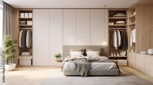 White wooden wardrobe in scandinavian style interior design of modern bedroom. Generative AI