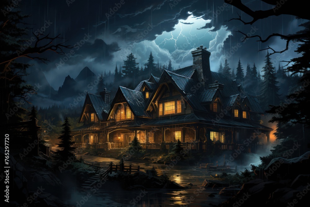 House in Forest During Night Lightning Storm Generative AI