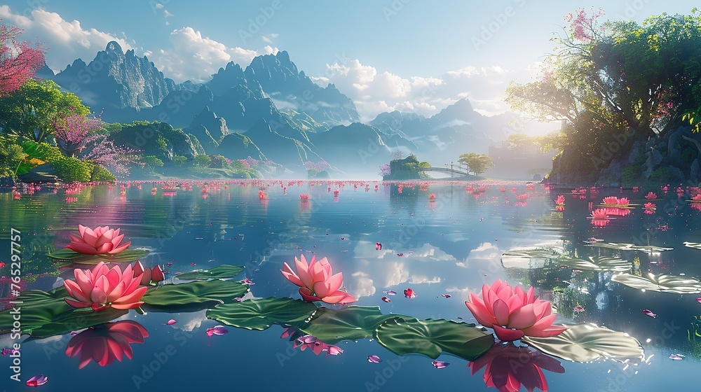 Serene 3D cartoon scenes, soothing sounds, gentle light play - obrazy, fototapety, plakaty 