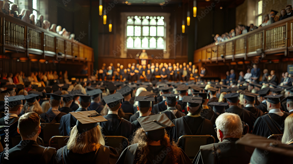 A wide shot of a graduation ceremony, with details of the graduates sitting in rows, the professors and dignitaries on stage, and the excitement in the air. - obrazy, fototapety, plakaty 