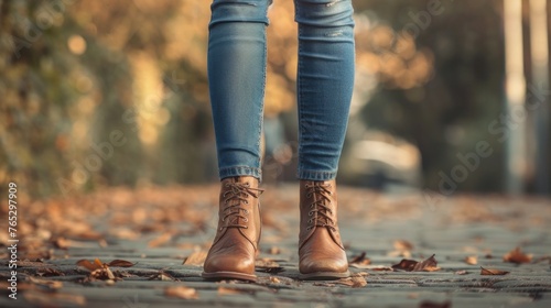 This is a description of a close-up view of a pair of women's legs wearing jeans and shoes.