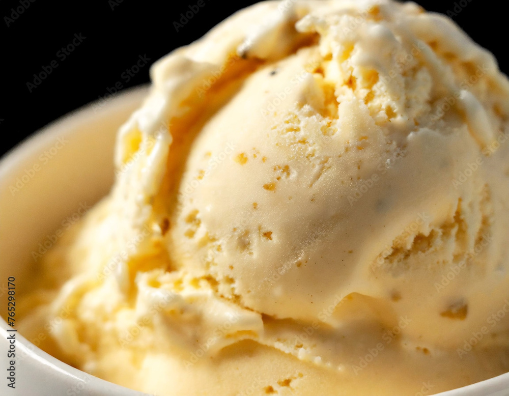 バニラビーンズがたっぷり入った濃厚なバニラアイスクリームのクローズアップ