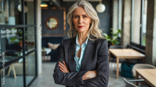 Portrait of a professional woman in a suit standing in a modern office. Mature business woman looking at the camera in a workplace meeting area