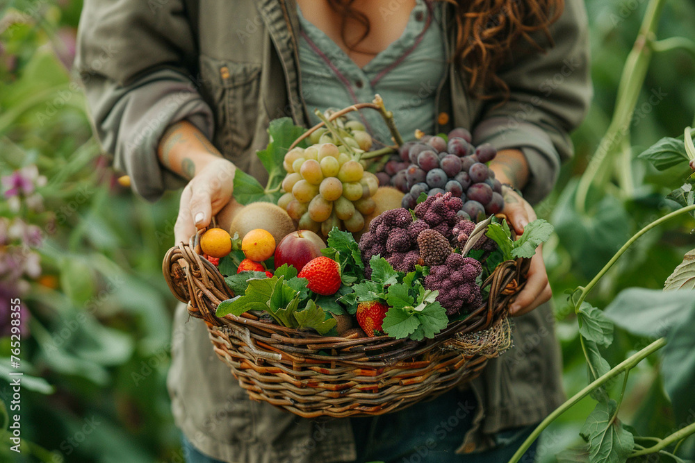 Woman Holding Basket Full of Fresh Harvested Fruit