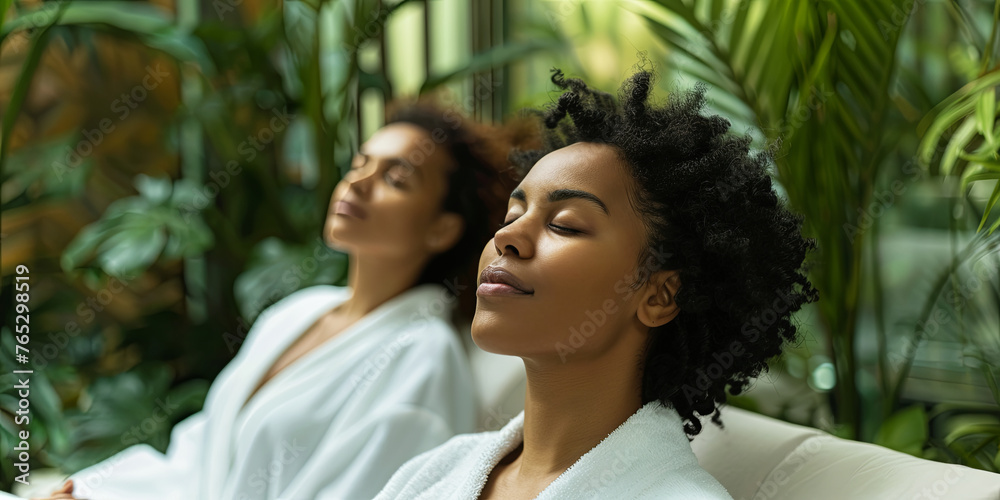 black woman relaxing in a spa with her eyes closed, wearing a white robe, generative AI black woman relaxing in a spa with her eyes closed, wearing a white robe, generative AI