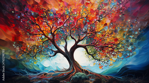 Abstract colorful oil paint tree
