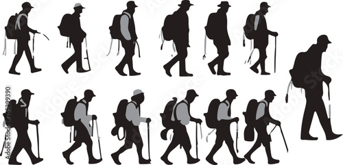 vector set of backpacker silhouettes carrying bags and sticks. silhouette of mountain climber and traveler. © Dani