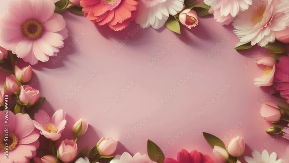 Pink flower frame with tulips and roses, perfect for a spring bouquet card Pink flower frame with tulips and roses, perfect for a spring bouquet card