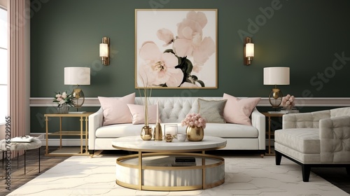 Modern living room interior composition with luxurious palette and background 