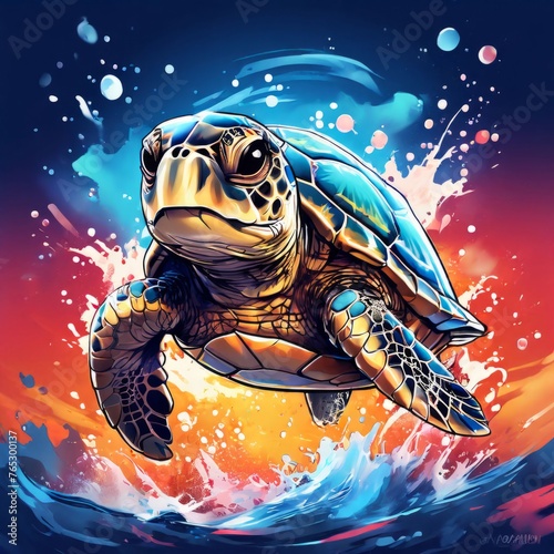 Serene turtle gracefully gliding through shimmering ocean waters, illuminated by warm hues of breathtaking sunset. For fashion, clothing design, animal themed clothing advertising, Tshirt, postcard. photo