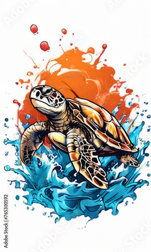 Serene turtle gracefully gliding through shimmering ocean waters, illuminated by warm hues of breathtaking sunset. For fashion, clothing design, animal themed clothing advertising, Tshirt, postcard. photo