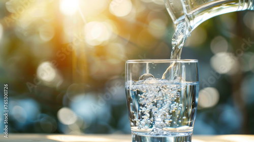 A person is pouring water into a glass. The scene is peaceful and calming