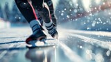 A close-up shot of an ice skater's powerful leg muscles propelling them around a tight corner in a short track race.