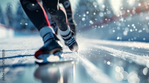 A close-up shot of an ice skater's powerful leg muscles propelling them around a tight corner in a short track race. photo