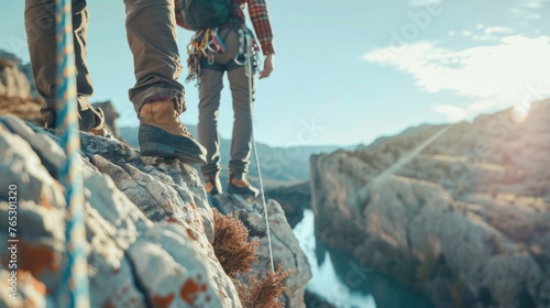 A close-up shot of two climbers securing each other with a rope on a narrow ridge with a dramatic drop on either side 