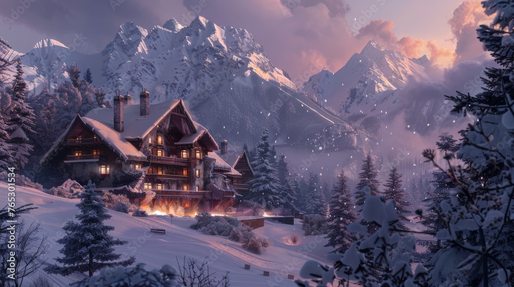 A ski lodge nestled amongst the snowy peaks, offering a warm and inviting atmosphere