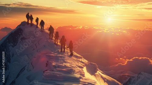 A group of tourists witnessing a team of mountaineers successfully reaching the summit as the sun sets, feeling inspired 