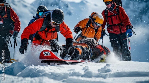 A group of rescuers working together to transport an injured snowboarder on a stretcher through the snow
