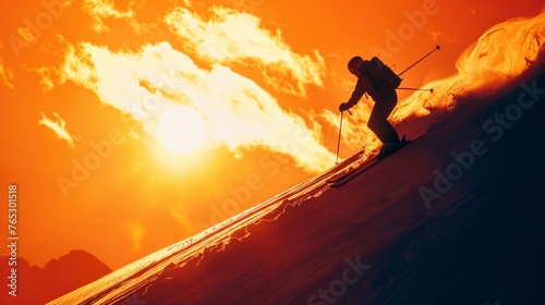 A silhouette of a skier against a vibrant orange sunset, capturing the beauty of winter sports photo