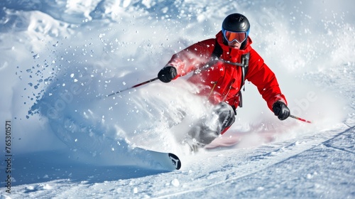 A skier in a bright red jacket carving through the white snow, creating a dynamic contrast