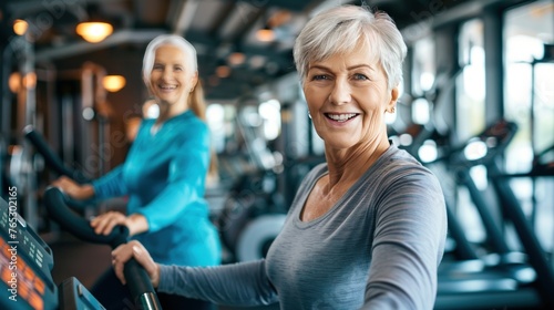 Elderly woman exercising inside the fitness center, healthy body