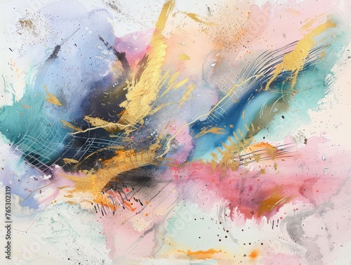 Abstract expressionist watercolor in pastels  dynamic splashes with gold linear highlights